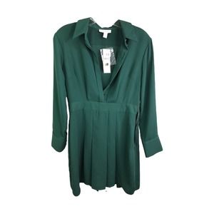 Topshop Women's A-Line Dress Long Sleeve Pleated Green Collared V-Neck 2 NWT $75